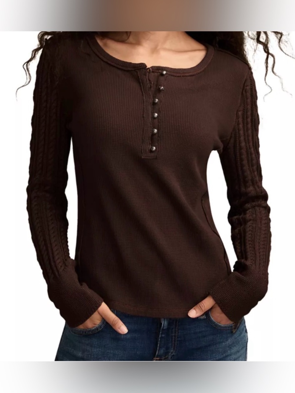 NWT Lucky Brand  Henley brown Long cableknit sweater Sleeve Top s